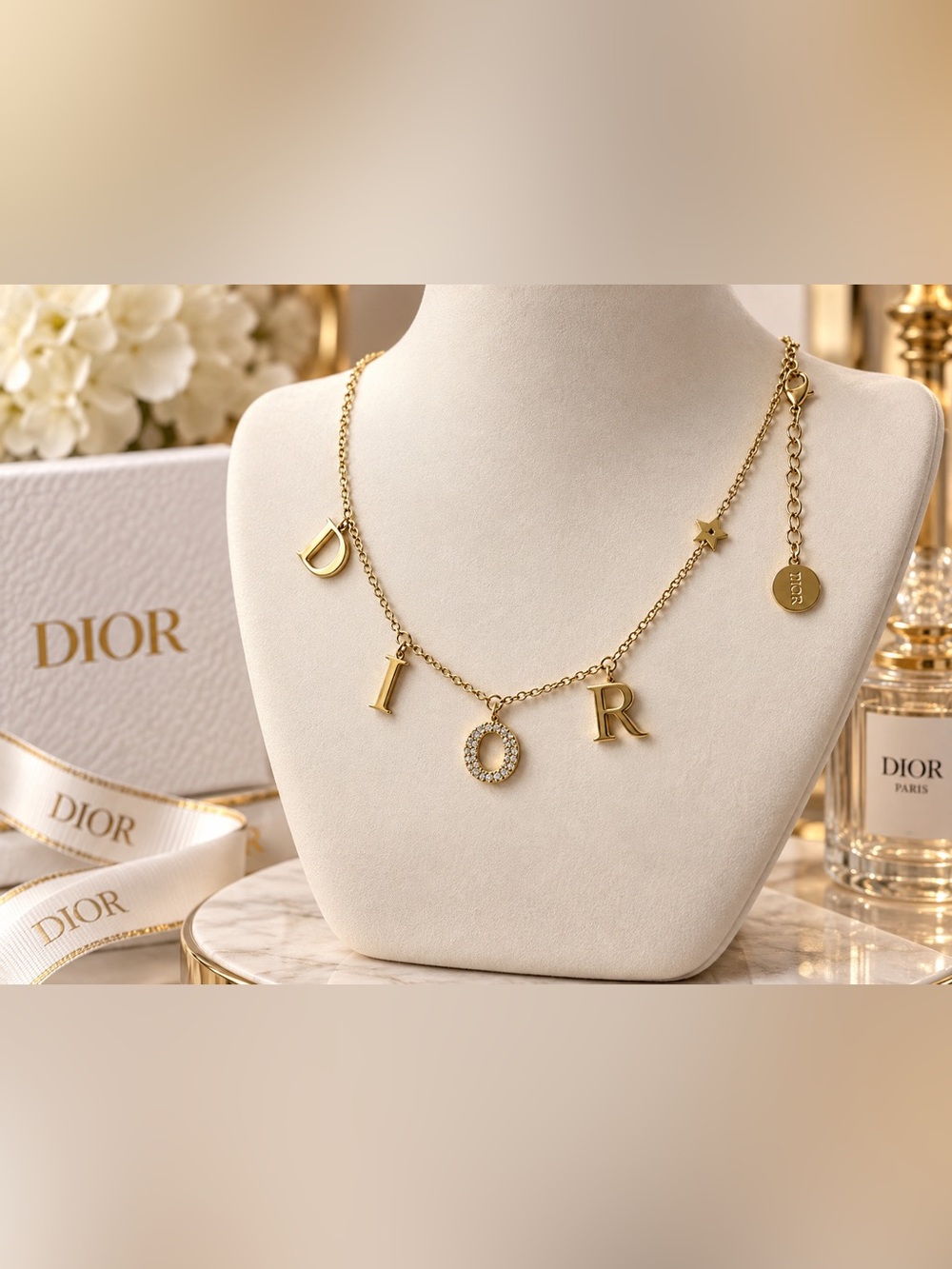Dior Gold Letter Charm Necklace with Crystal O